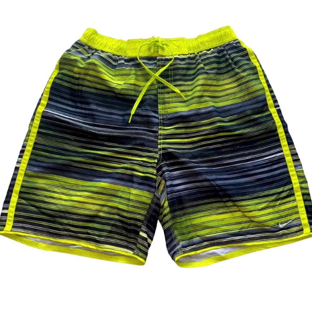 Nike | Neon Yellow, Black & Grey Striped Lined Swim Shorts